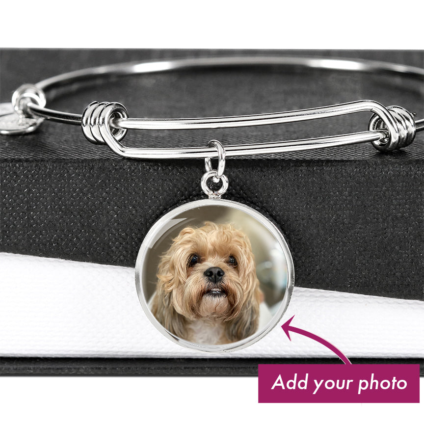 Custom Glass Coated Circle, Adjustable Bangle Bracelet with dog . Add you Dog Photo! Perfect gift for a dog lover.